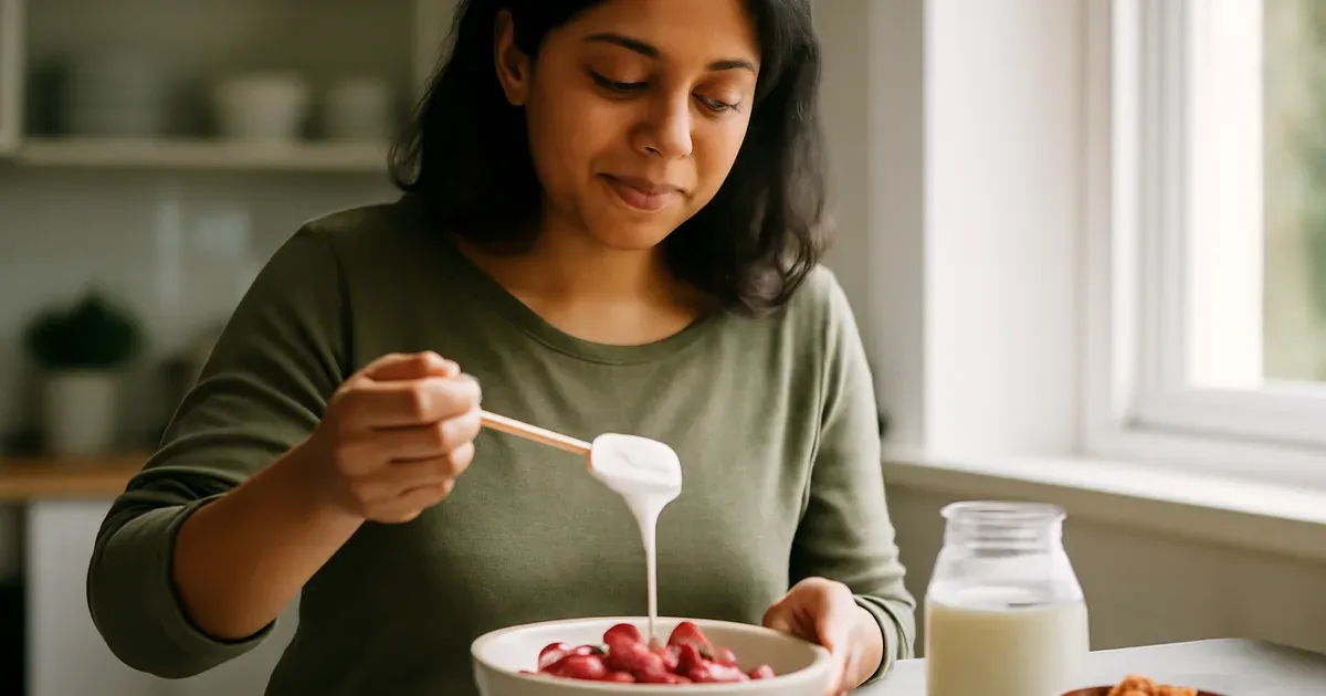 Woman preparing fermented foods including live yogurt and kefir to support microbiome UK gut health