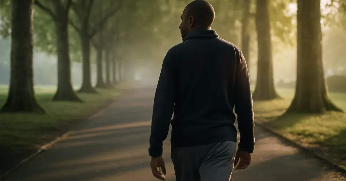 Man walking in UK park to support gut-brain connection and improve gut health naturally through stress management