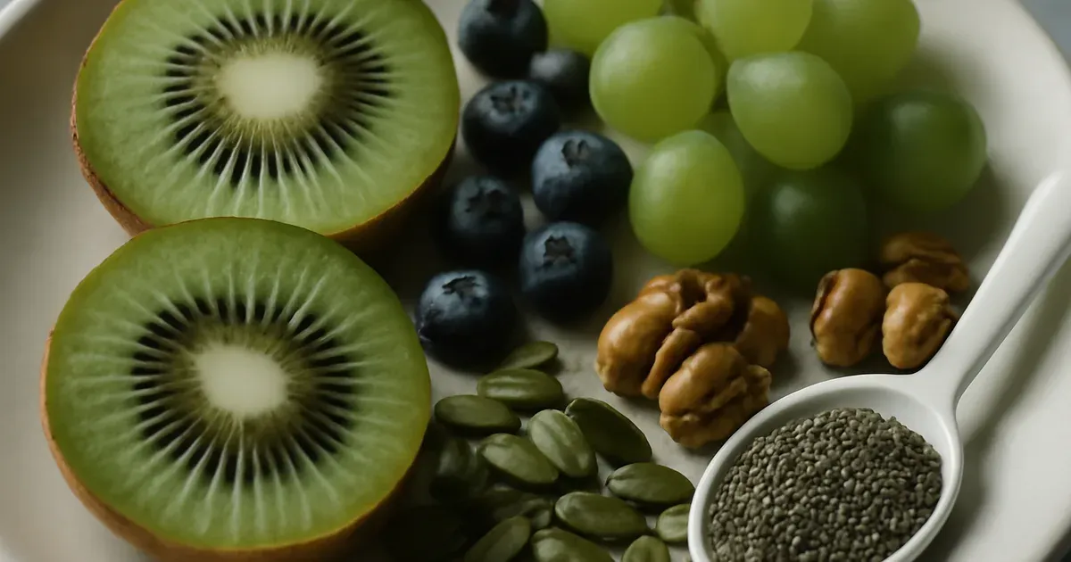 Colourful plant-based snack ingredients including seeds, fruit, and nuts to support UK microbiome diversity