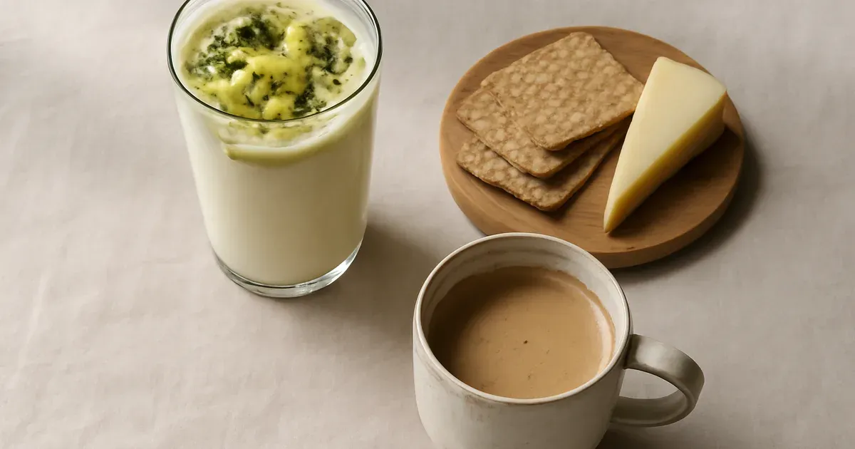 Lactose-free yoghurt, cheddar cheese, and latte as low FODMAP dairy snack options for gut health UK