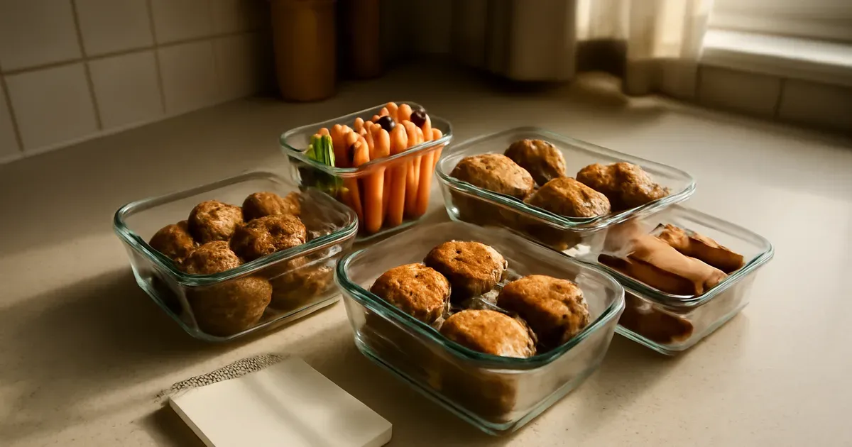 Batch-prepped low FODMAP snacks in reusable containers on a UK kitchen counter for gut health meal planning