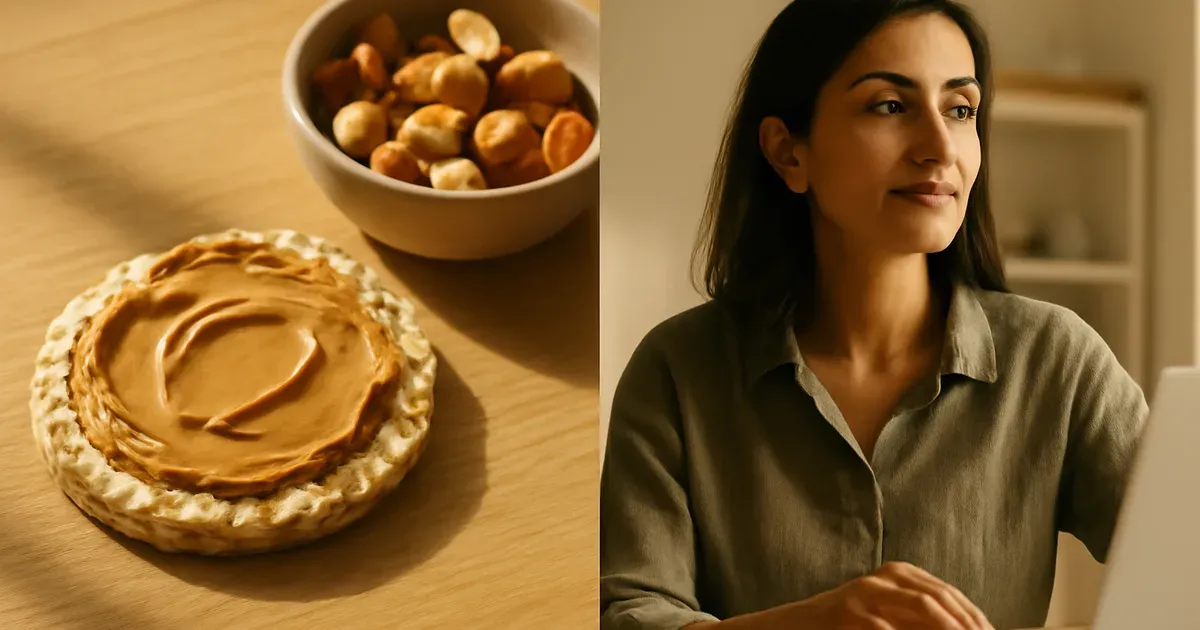 Split image showing low FODMAP snack foods alongside a relaxed adult at a desk, illustrating the gut-brain connection