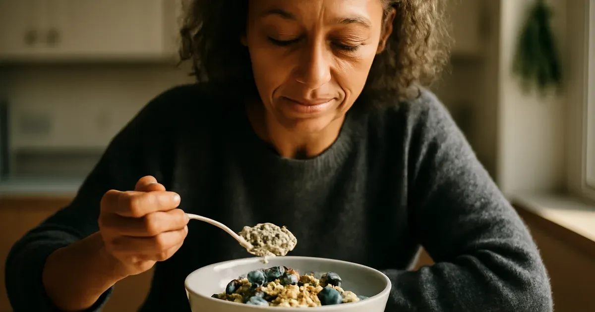 UK woman eating a high-fibre protein-rich breakfast of oats and berries to support gut health and blood sugar