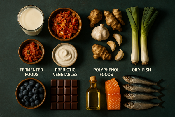 Overhead flat-lay of gut-brain healthy foods: kefir, kimchi, blueberries, salmon, Jerusalem artichokes, dark chocolate, and green tea on a dark teal surface