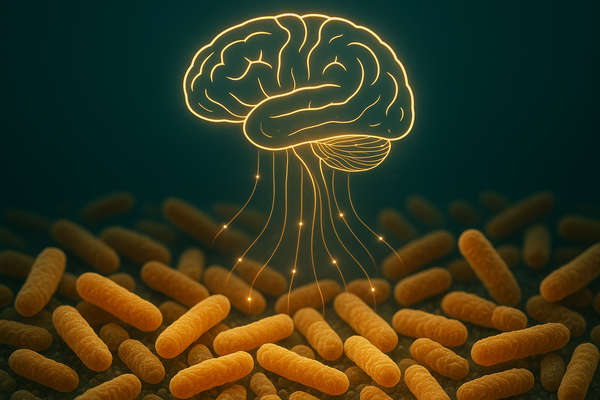 Microscopic illustration of gut bacteria communicating with the brain through neural pathways