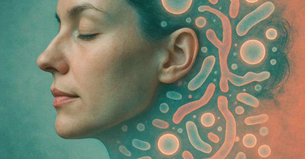 Double-exposure image combining a woman's profile with gut microbiome illustration, representing the gut-skin connection