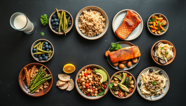 Overhead view of a weekly gut-brain meal plan spread across seven days with fermented foods, colourful vegetables, oily fish, and dark chocolate