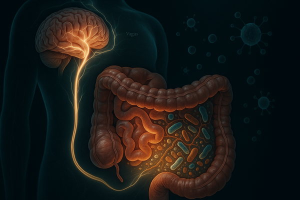 Photorealistic scientific illustration of the human gut-brain axis showing neural pathways, gut microbiome bacteria, and the vagus nerve connection to the brain
