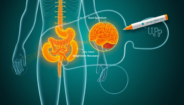 Scientific illustration showing GLP-1 receptor distribution across the gut, vagus nerve, and brain with semaglutide molecule