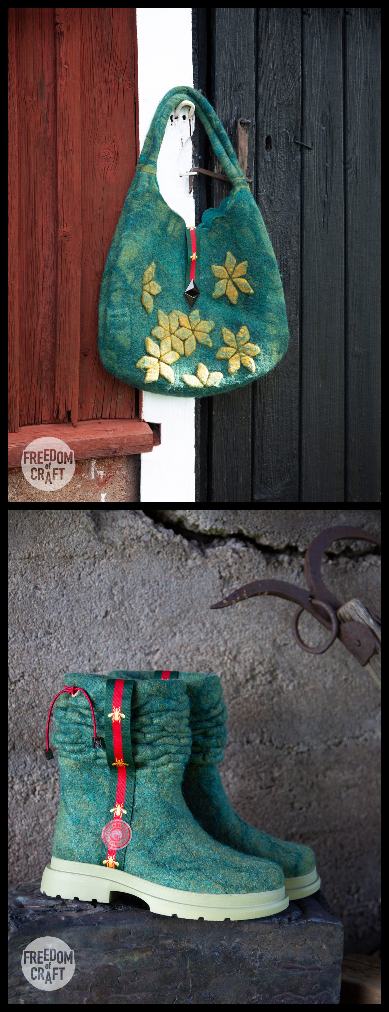 Kollage med två bilder. Den ena ovanpå den andra. Första bilden visar en väska med ett stjärnmönster. Den andra ett par boots. Båda i filtad ull.