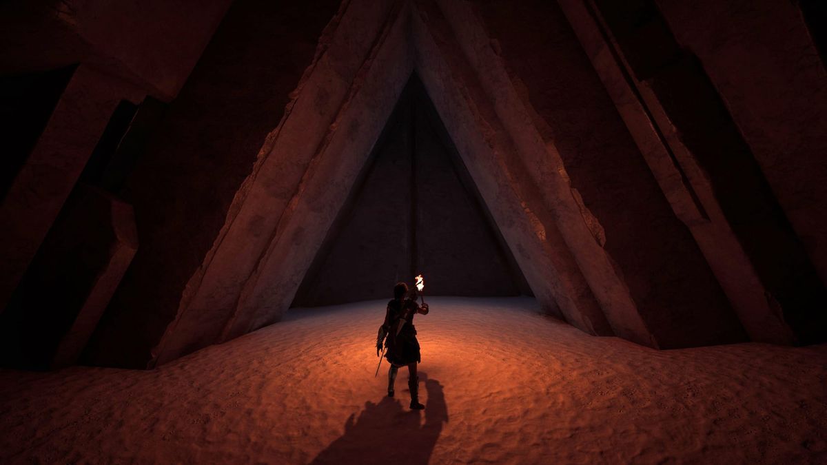 Kassandra of Sparta standing at the doorway to the Isu Forge on Andros