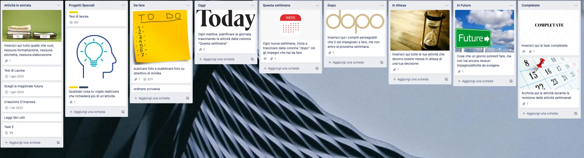 Esempio di bacheca Trello per la produttività con il metodo Agile