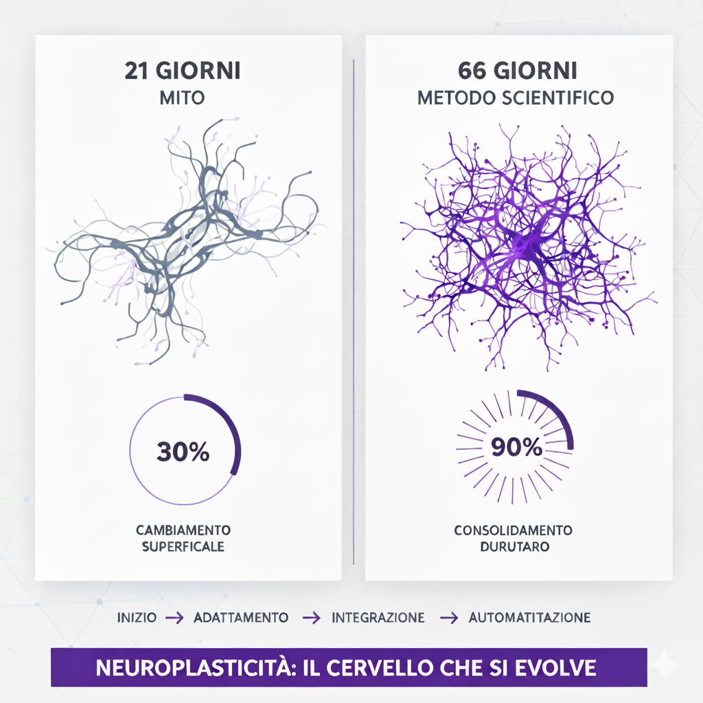 Confronto scientifico: mito 21 giorni vs protocollo 66 giorni per formare abitudini durature - infografica neuroplasticità