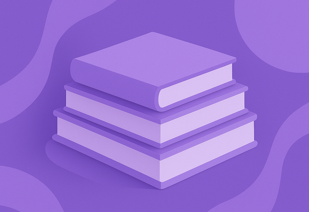 Pila di libri viola su sfondo gradiente - 40 riassunti gratuiti crescita personale