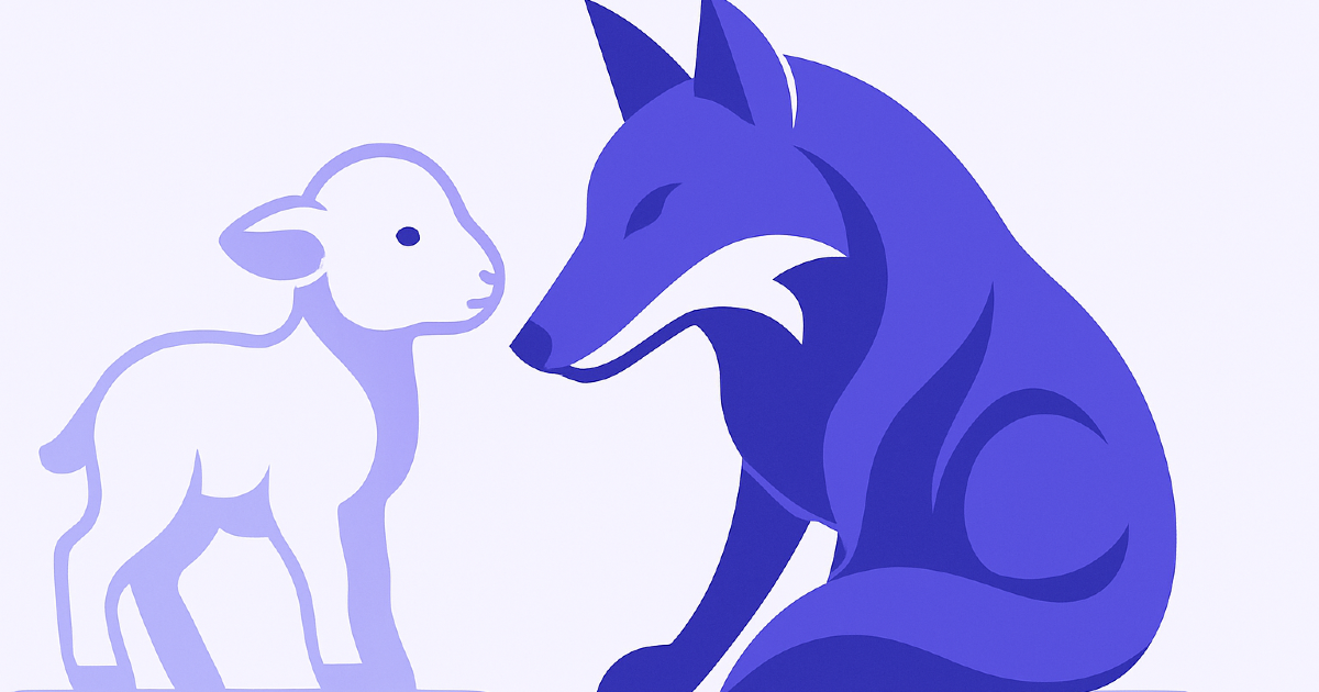 Illustrazione di un agnellino che usa la creatività per sfuggire al lupo, simbolo dell'intelligenza che vince sulla forza