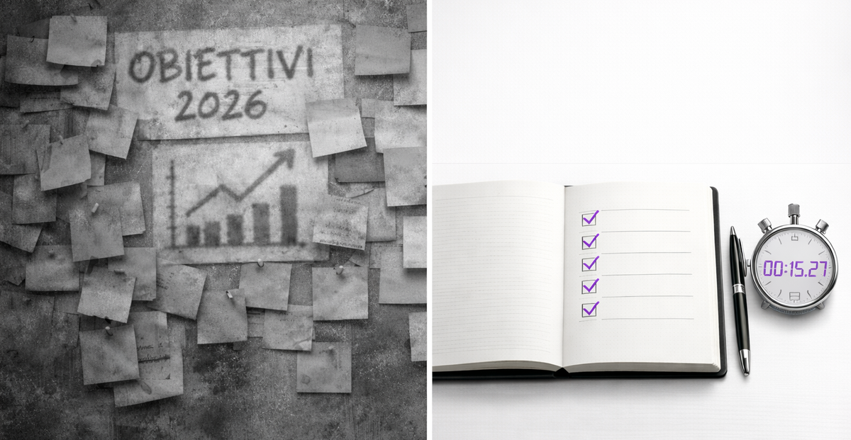 Sistema di tracciamento obiettivi con metriche concrete su lavagna, calendario azioni quotidiane e grafici performance