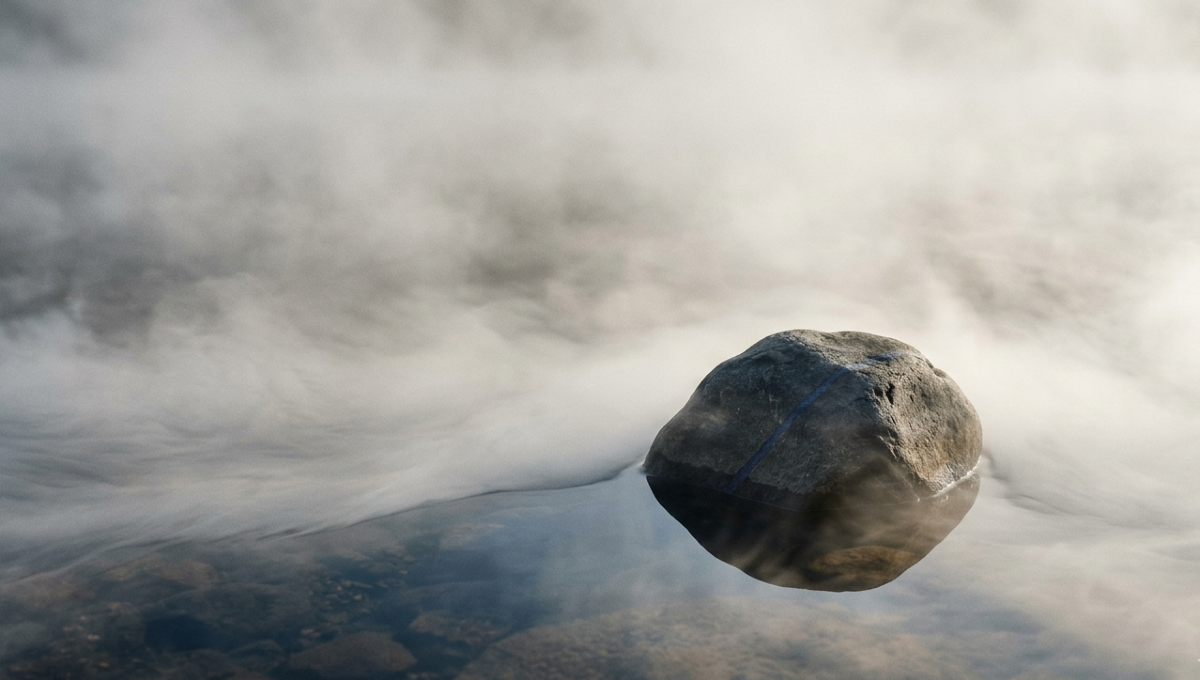 Una roccia levitante sospesa tra nebbia e acqua ferma, simbolo della resistenza mentale e dell'inerzia da superare per iniziare i compiti difficili