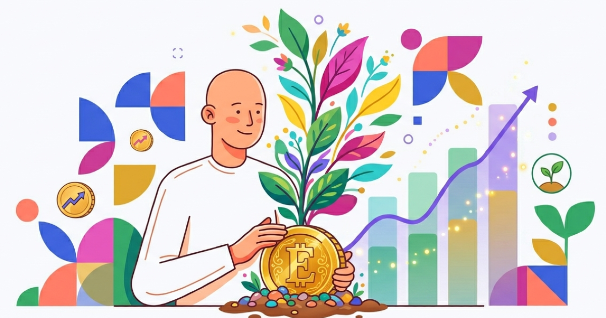 Illustrazione minimalista di una persona che osserva un grafico in crescita e una piantina che nasce da una moneta, simbolo di come investire i risparmi da zero con PAC ed ETF.