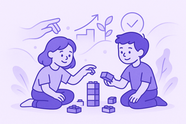 Illustrazione minimalista di un bambino e una bambina che giocano con grandi mattoncini Lego, simbolo della creatività infantile e dello stato di flow in cui il tempo vola.