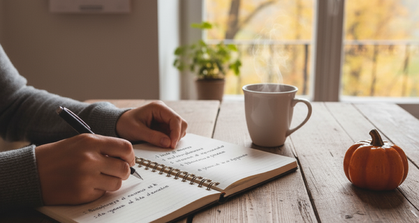 Persona che scrive buoni propositi su un quaderno con foglie autunnali - settembre ripartenza