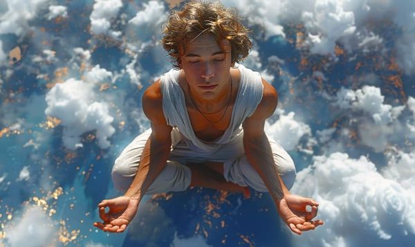 Persona che medita osservando i pensieri come nuvole - defusione cognitiva