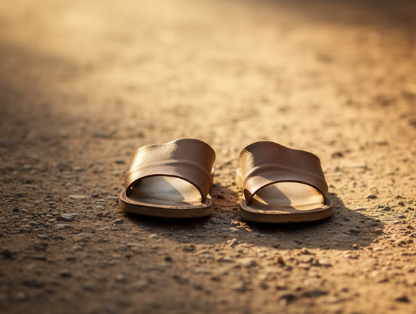 Un paio di sandali di cuoio su una strada illuminata dal sole, simbolo di cambiamento personale e consapevolezza.