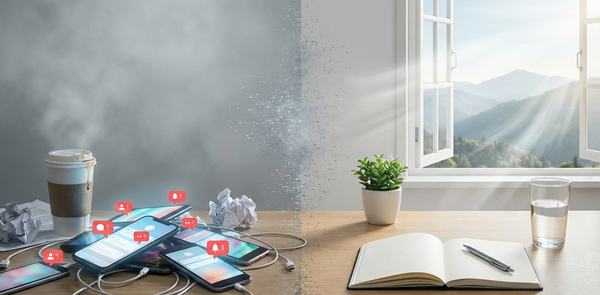 Confronto visivo tra una scrivania caotica piena di smartphone con notifiche e una scrivania ordinata e luminosa con un taccuino aperto davanti a una finestra aperta.