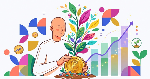 Illustrazione minimalista di una persona che osserva un grafico in crescita e una piantina che nasce da una moneta, simbolo di come investire i risparmi da zero con PAC ed ETF.