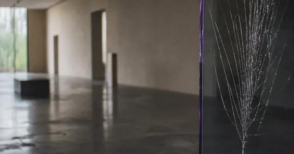 Vetro incrinato in controluce laterale, in una sala museale vuota, dopo la pioggia, 100 abitudini rivoluzionare tua vita