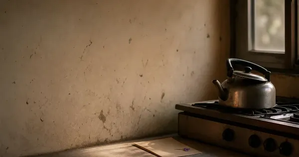 Bollitore su fornello freddo, coperchio storto, su un piano cucina sgombro, con cielo coperto e luce morbida, modi uscire…
