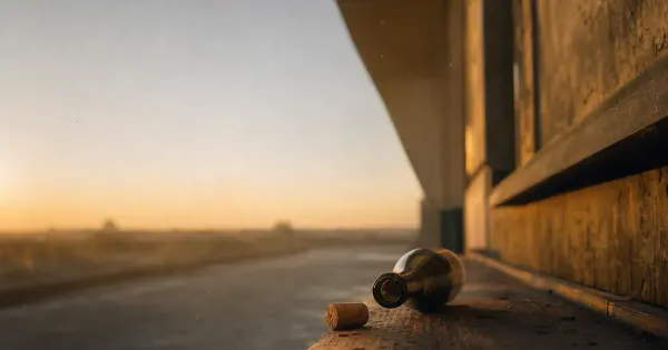 Tappo accanto al collo di bottiglia vuota, in un recesso di banchina vuota, al primo minuto del tramonto, trucchi studiare…