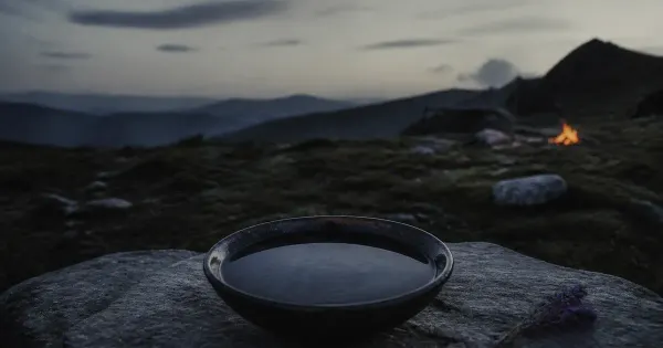 Acqua ferma in una ciotola dopo l'onda, in una radura da campeggio, all'alba, work life balance