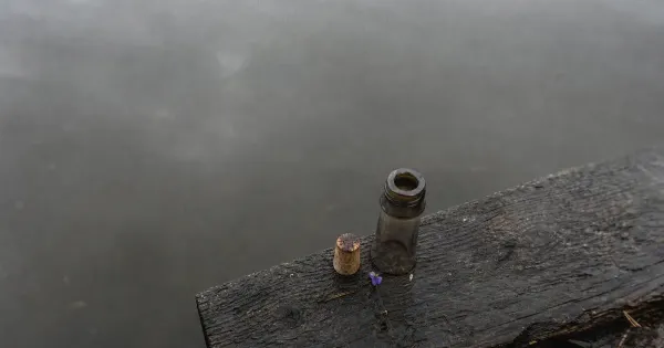 Tappo accanto al collo di bottiglia vuota, su un molo sull'acqua calma, in sole pallido d'inverno, abitudini felicita…