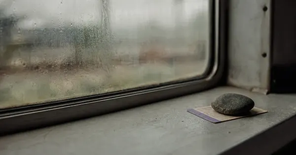 Biglietto del treno sotto fermacarte di pietra, accanto a una finestra con scie di pioggia, nel silenzio profondo d'estate…
