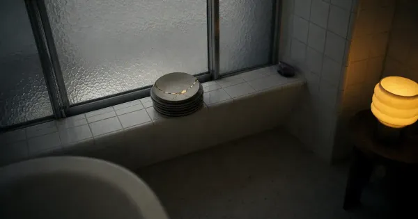 Piatti impilati con bordo riparato in oro, in un bagno con vetro smerigliato, con cielo coperto e luce morbida, assertivita
