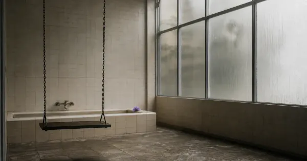 Altalena vuota, catene appena in movimento, in un bagno con vetro smerigliato, sotto un velo sottile di nuvole, battere…