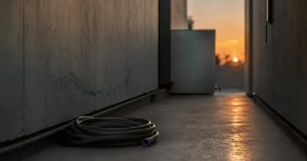 Tubo da giardino avvolto ma scollegato, in un corridoio stretto, al primo minuto del tramonto, l'importanza dell'attività…