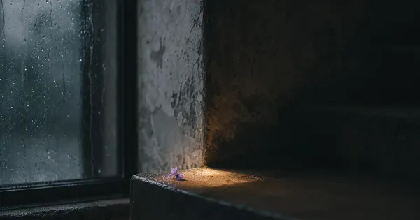 Unico gradino illuminato che svanisce nel buio, accanto a una finestra con scie di pioggia, con un accento caldo nell'aria…