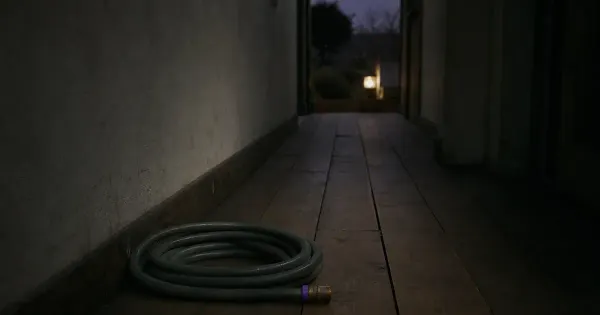 Tubo da giardino avvolto ma scollegato, in un corridoio stretto, all'alba, stai cercando felicità nel posto