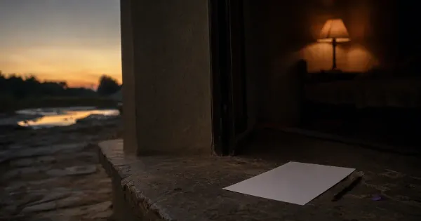 Foglio bianco accanto a una matita temperata, su una soglia di pietra, al primo minuto del tramonto, svegliarsi meglio