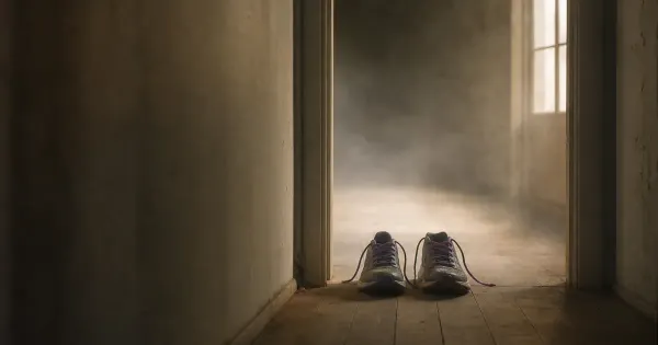 Scarpe da corsa in parallelo sulla soglia, in un corridoio stretto, nella nebbia che si dirada, dalla maratona allo sprint
