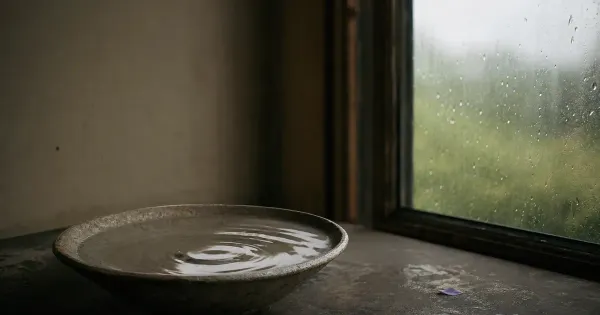 Acqua ferma in una ciotola dopo l'onda, accanto a una finestra con scie di pioggia, nel silenzio profondo d'estate, …