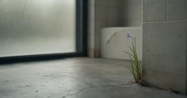 Erba che spunta da una crepa nel cemento, in un bagno con vetro smerigliato, con cielo coperto e luce morbida — sera hai…