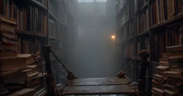 Asse di ponte di corde nella nebbia, in un corridoio di libreria chiusa, nella nebbia che si dirada, tuo corpo parla sai…