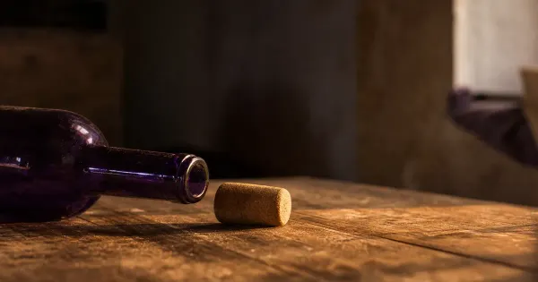 Tappo accanto al collo di bottiglia vuota, su una scrivania di legno consumata, in luce ambra tardiva, investire borsa