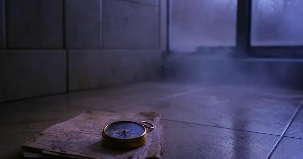 Bussola sui bordi di una mappa consumata, in un bagno con vetro smerigliato, nella nebbia che si dirada, lezione stoicismo…