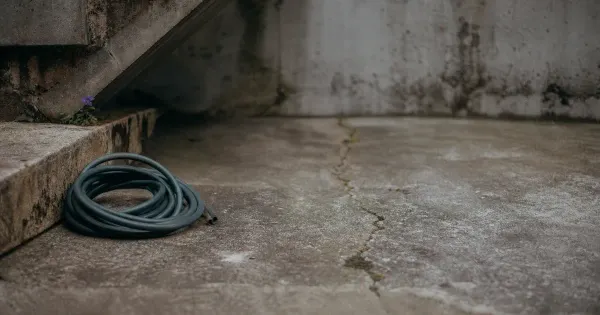 Tubo da giardino avvolto ma scollegato, sotto una scala di cemento, con un accento caldo nell'aria fresca, metodo…