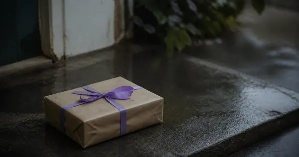 Nastro su un pacco senza etichetta, su un gradino di veranda, dopo la pioggia, oltre numeri psicologia perfetta
