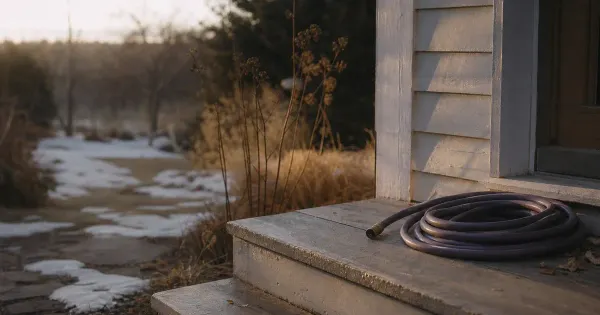 Tubo da giardino avvolto ma scollegato, su un gradino di veranda, in sole pallido d'inverno, pazienza