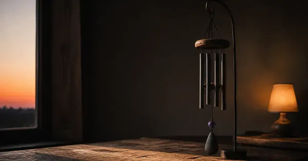 Campanelle a vento ferme, un tubo in luce, su una scrivania di legno consumata, al primo minuto del tramonto —…